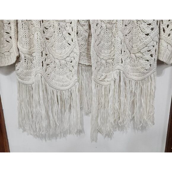 Boho Open Front Crochet Knit Fringe Cardigan Sweater Cream Sz Small Long Sleeve - Picture 4 of 8